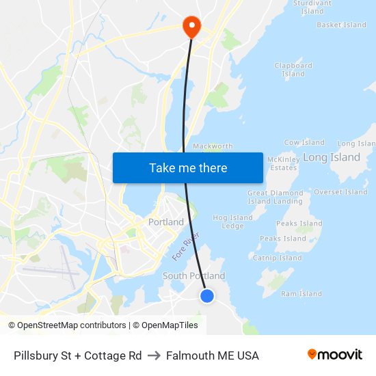 Pillsbury St + Cottage Rd to Falmouth ME USA map