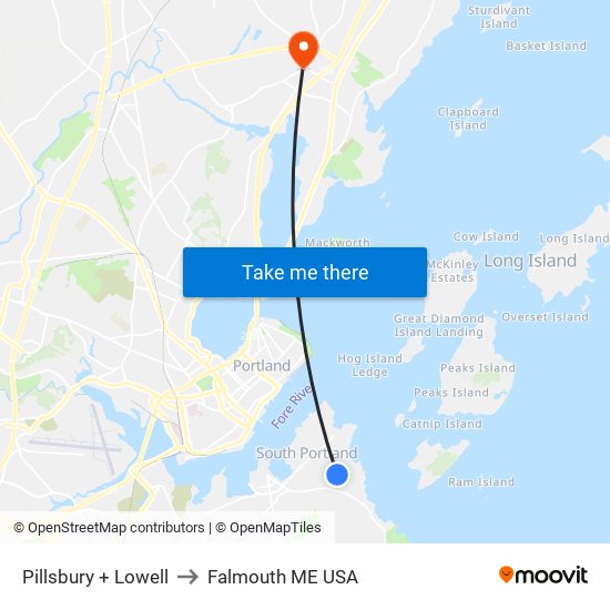 Pillsbury + Lowell to Falmouth ME USA map