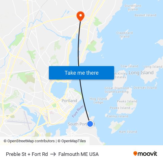 Preble St + Fort Rd to Falmouth ME USA map