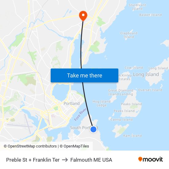 Preble St + Franklin Ter to Falmouth ME USA map