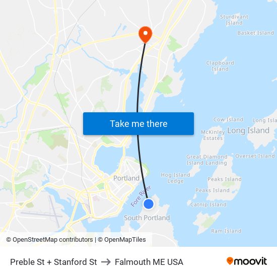 Preble St + Stanford St to Falmouth ME USA map