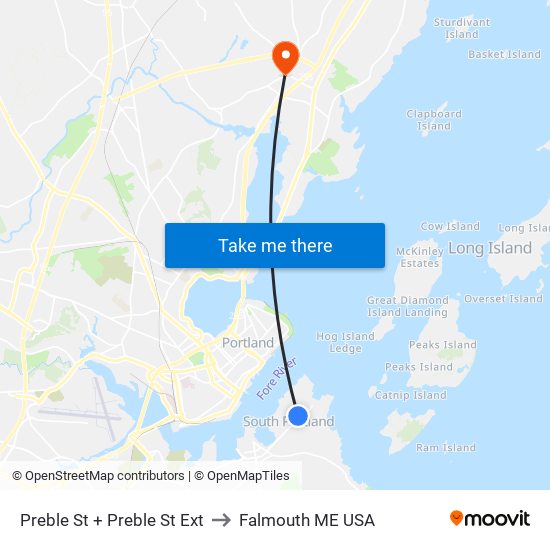 Preble St + Preble St Ext to Falmouth ME USA map