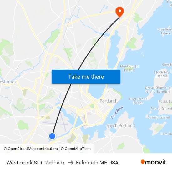 Westbrook St + Redbank to Falmouth ME USA map