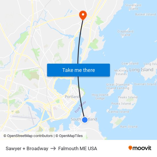 Sawyer + Broadway to Falmouth ME USA map