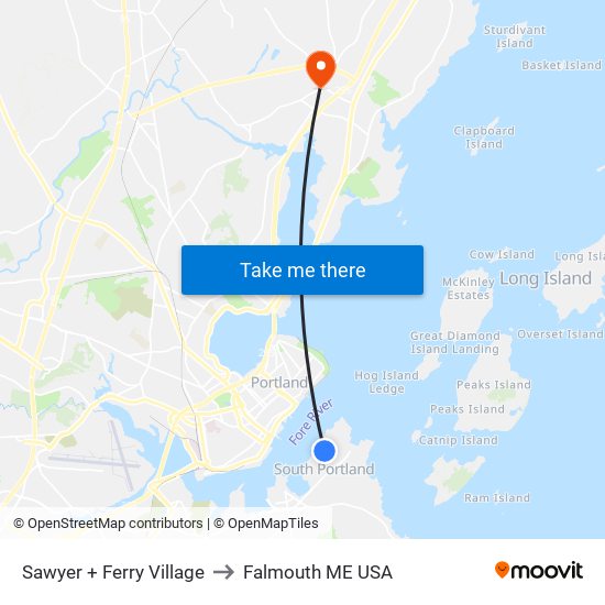 Sawyer + Ferry Village to Falmouth ME USA map