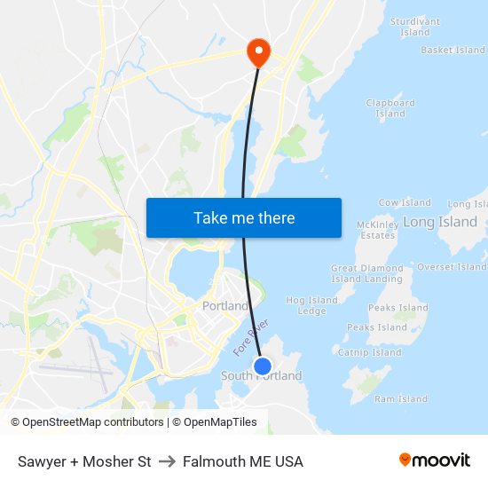 Sawyer + Mosher St to Falmouth ME USA map