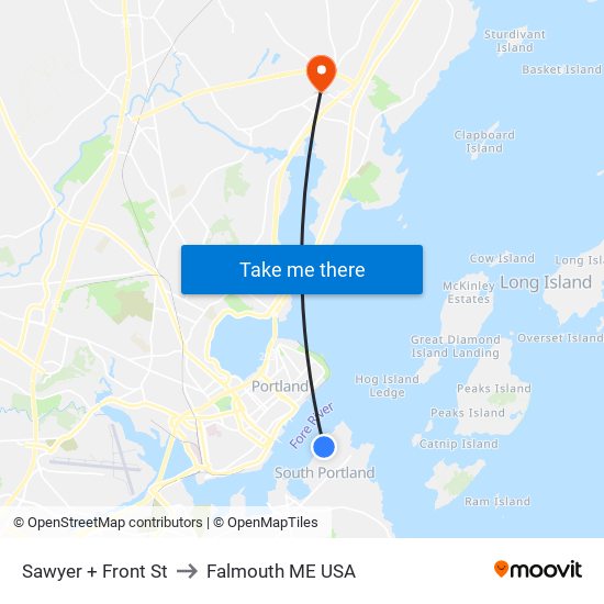 Sawyer + Front St to Falmouth ME USA map