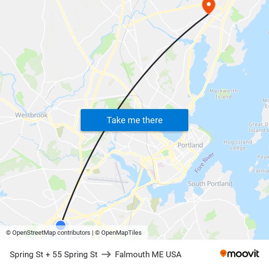 Spring St + 55 Spring St to Falmouth ME USA map