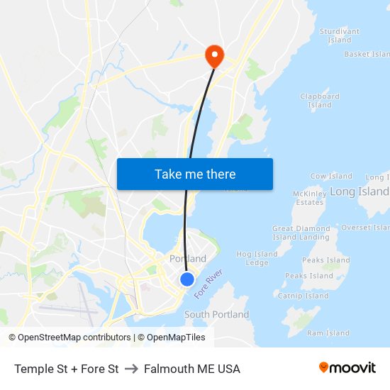 Temple St + Fore St to Falmouth ME USA map