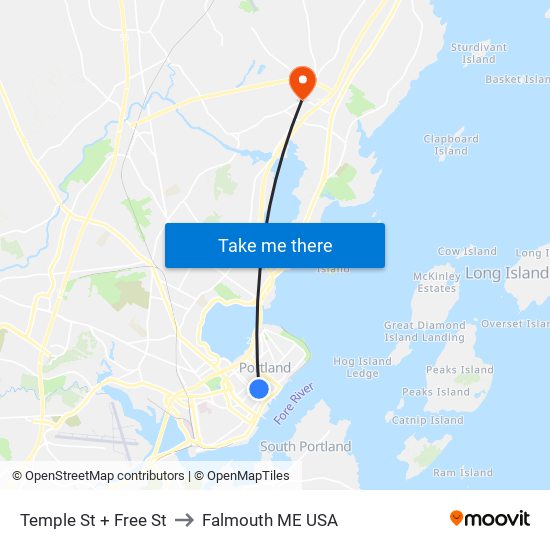 Temple St + Free St to Falmouth ME USA map