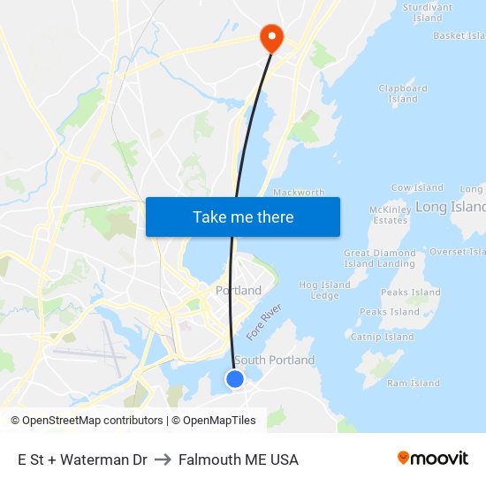 E St + Waterman Dr to Falmouth ME USA map