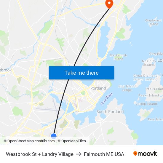 Westbrook St + Landry Village to Falmouth ME USA map