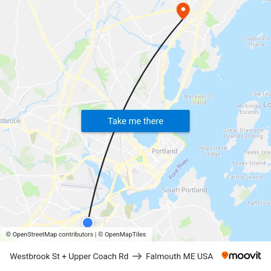 Westbrook St + Upper Coach Rd to Falmouth ME USA map