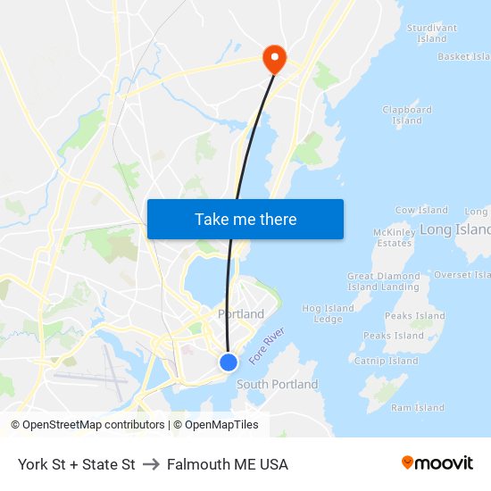 York St + State St to Falmouth ME USA map