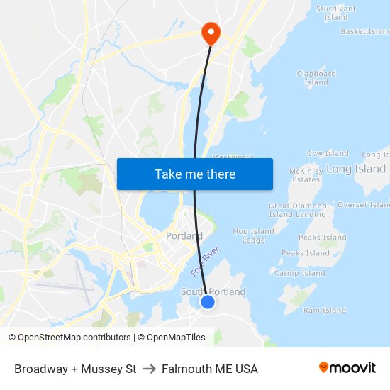 Broadway + Mussey St to Falmouth ME USA map