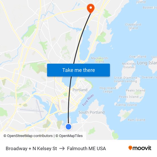 Broadway + N Kelsey St to Falmouth ME USA map