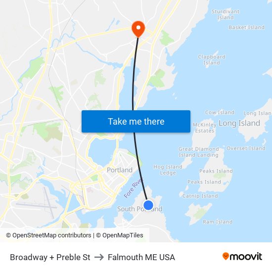 Broadway + Preble St to Falmouth ME USA map