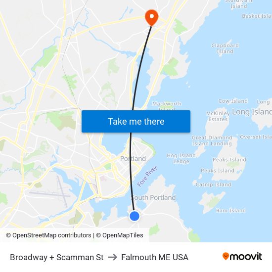 Broadway + Scamman St to Falmouth ME USA map