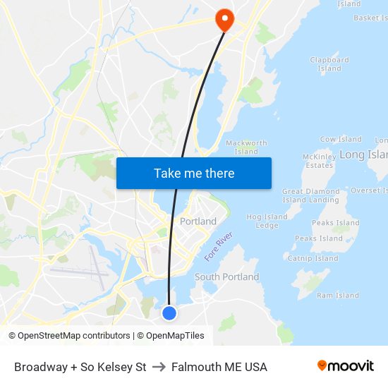 Broadway + So Kelsey St to Falmouth ME USA map