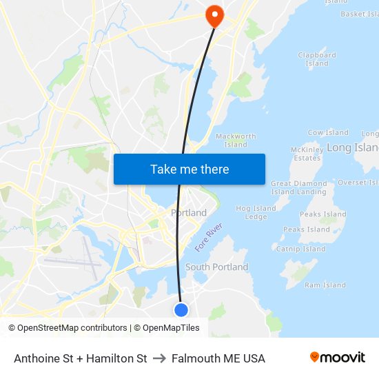 Anthoine St + Hamilton St to Falmouth ME USA map