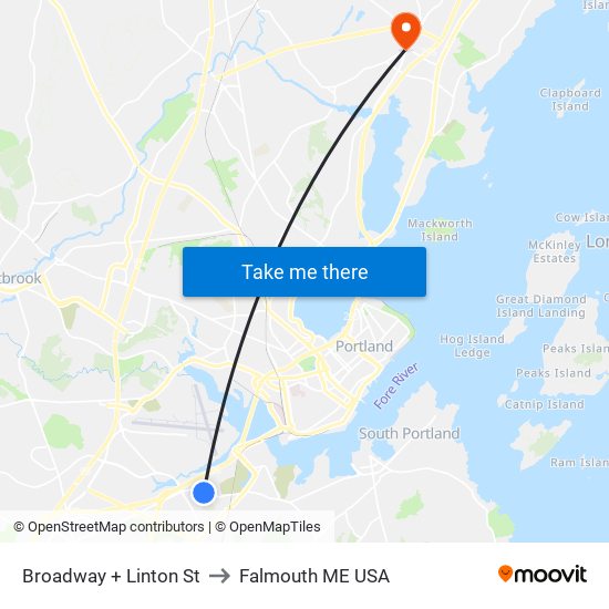 Broadway + Linton St to Falmouth ME USA map