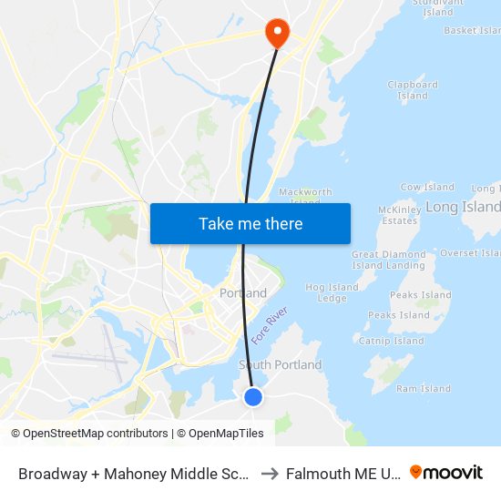 Broadway + Mahoney Middle School to Falmouth ME USA map