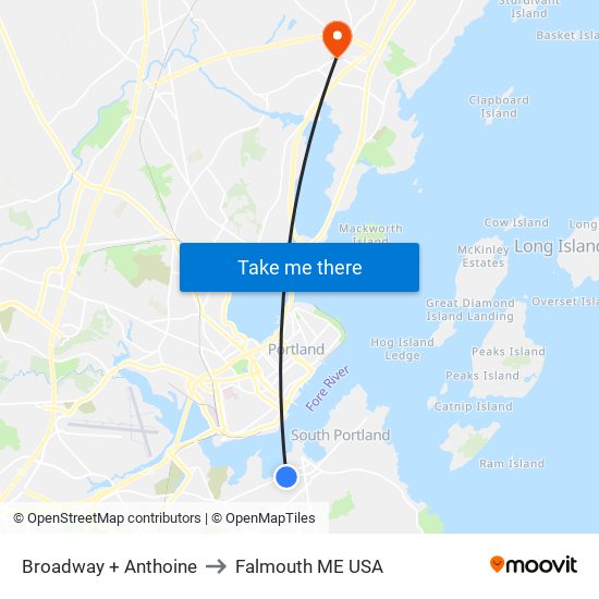 Broadway + Anthoine to Falmouth ME USA map