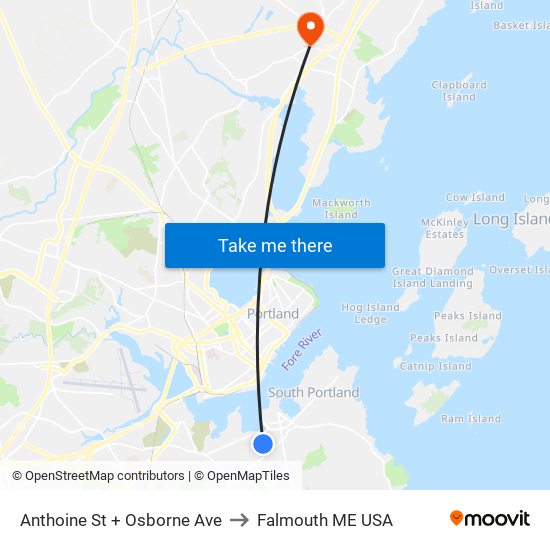 Anthoine St + Osborne Ave to Falmouth ME USA map