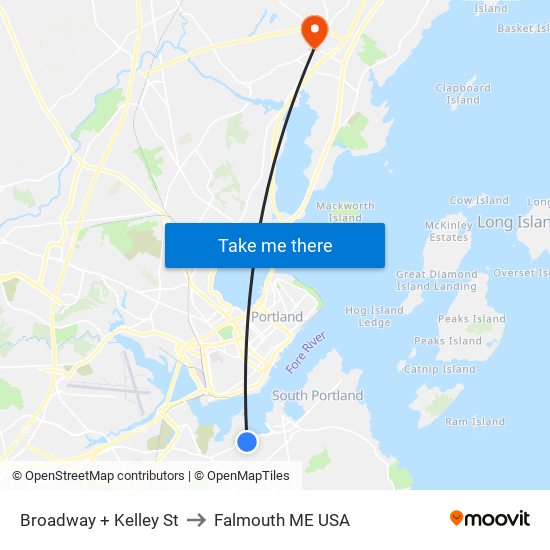 Broadway + Kelley St to Falmouth ME USA map