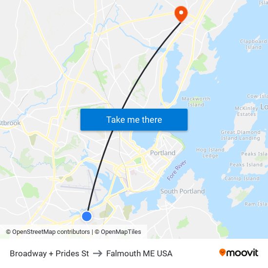 Broadway + Prides St to Falmouth ME USA map