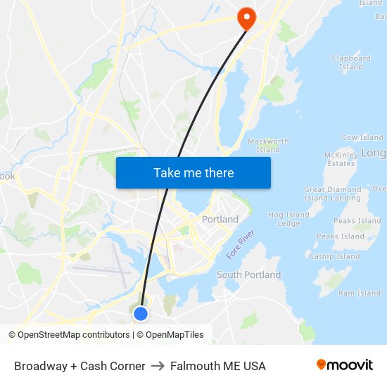 Broadway + Cash Corner to Falmouth ME USA map