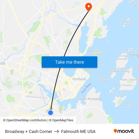 Broadway + Cash Corner to Falmouth ME USA map