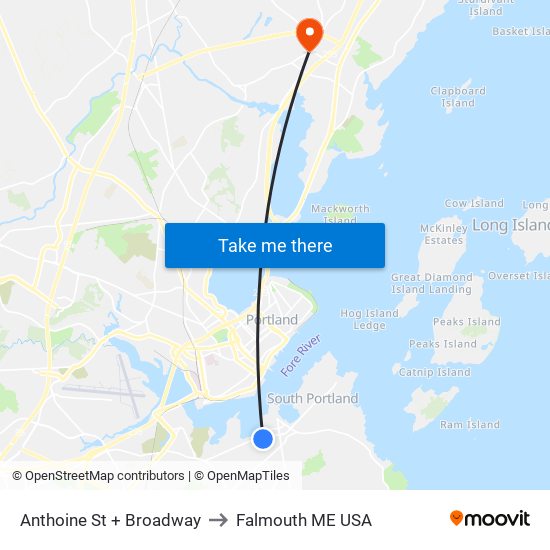 Anthoine St + Broadway to Falmouth ME USA map