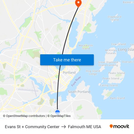 Evans St + Community Center to Falmouth ME USA map