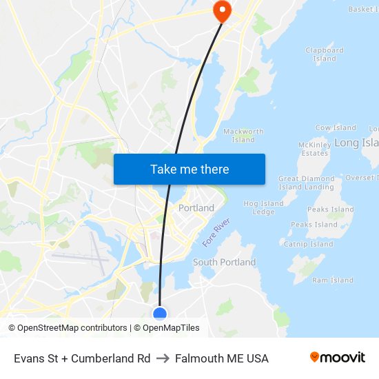 Evans St + Cumberland Rd to Falmouth ME USA map