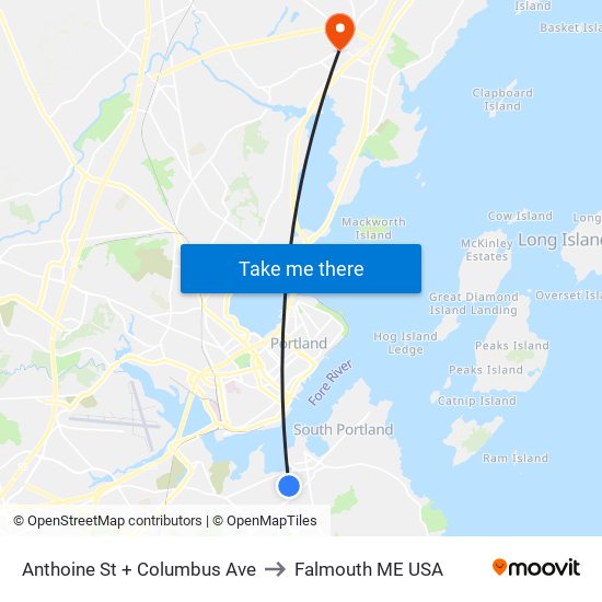 Anthoine St + Columbus Ave to Falmouth ME USA map