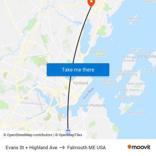 Evans St + Highland Ave to Falmouth ME USA map