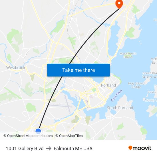 1001 Gallery Blvd to Falmouth ME USA map