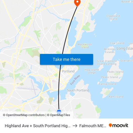 Highland Ave + South Portland High School to Falmouth ME USA map