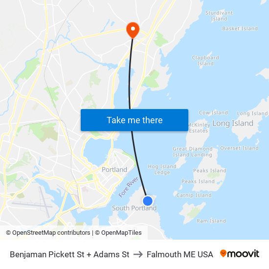 Benjaman Pickett St + Adams St to Falmouth ME USA map