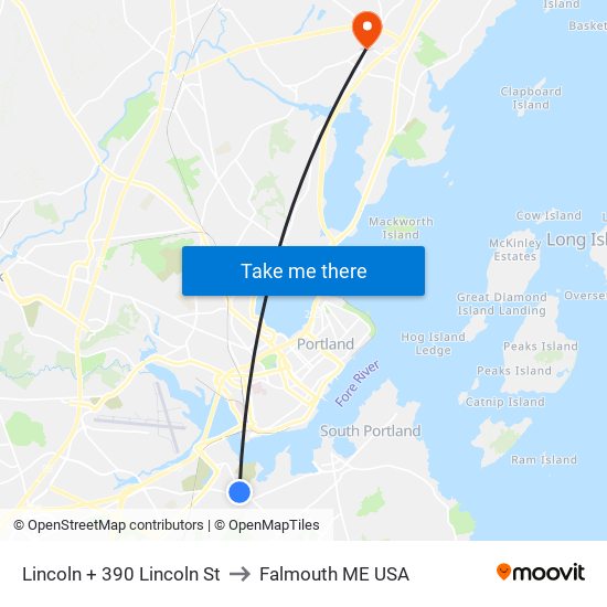 Lincoln + 390 Lincoln St to Falmouth ME USA map