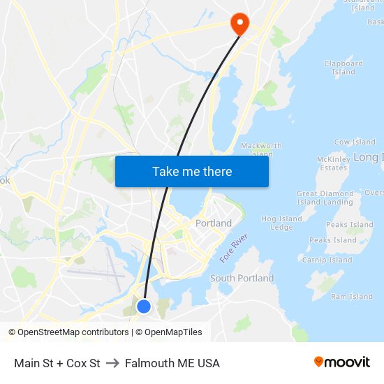 Main St + Cox St to Falmouth ME USA map