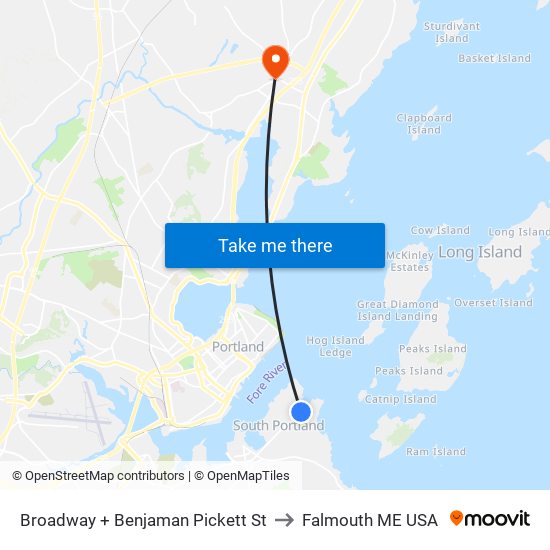 Broadway + Benjaman Pickett St to Falmouth ME USA map