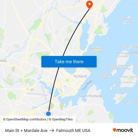 Main St + Mardale Ave to Falmouth ME USA map