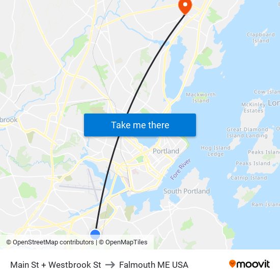 Main St + Westbrook St to Falmouth ME USA map