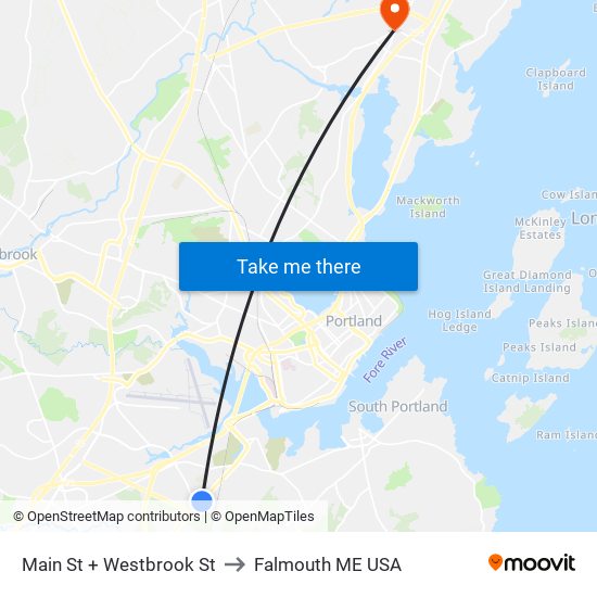 Main St + Westbrook St to Falmouth ME USA map