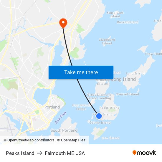 Peaks Island to Falmouth ME USA map