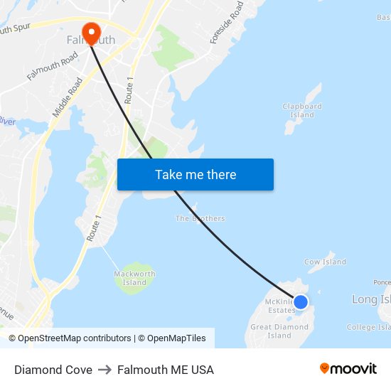 Diamond Cove to Falmouth ME USA map