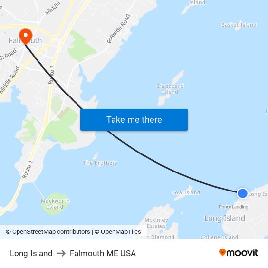 Long Island to Falmouth ME USA map