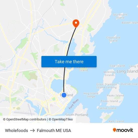 Wholefoods to Falmouth ME USA map